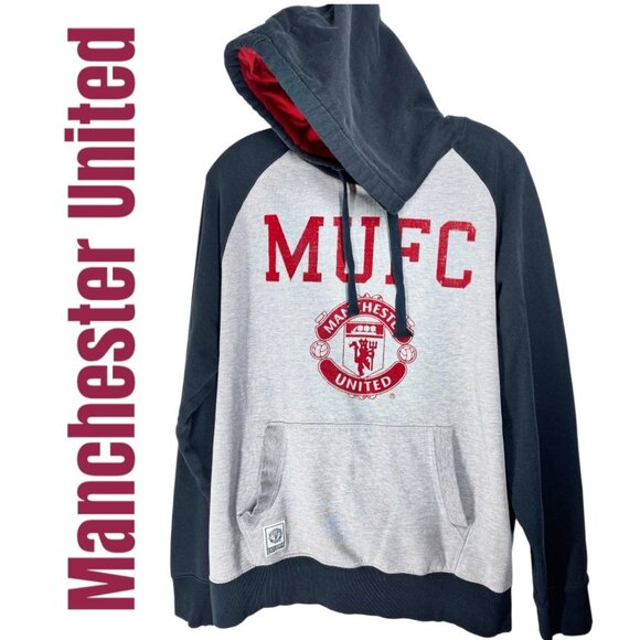 MANCHESTER UNITED FOOTBALL CLUB Vintage Hoodie MUFC Gray Blue Raglan, Size Large